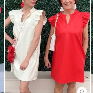 Chic Women's Red Short Flutter Ruffle Sleeve Dress Sheath Vegan S NEW Pockets